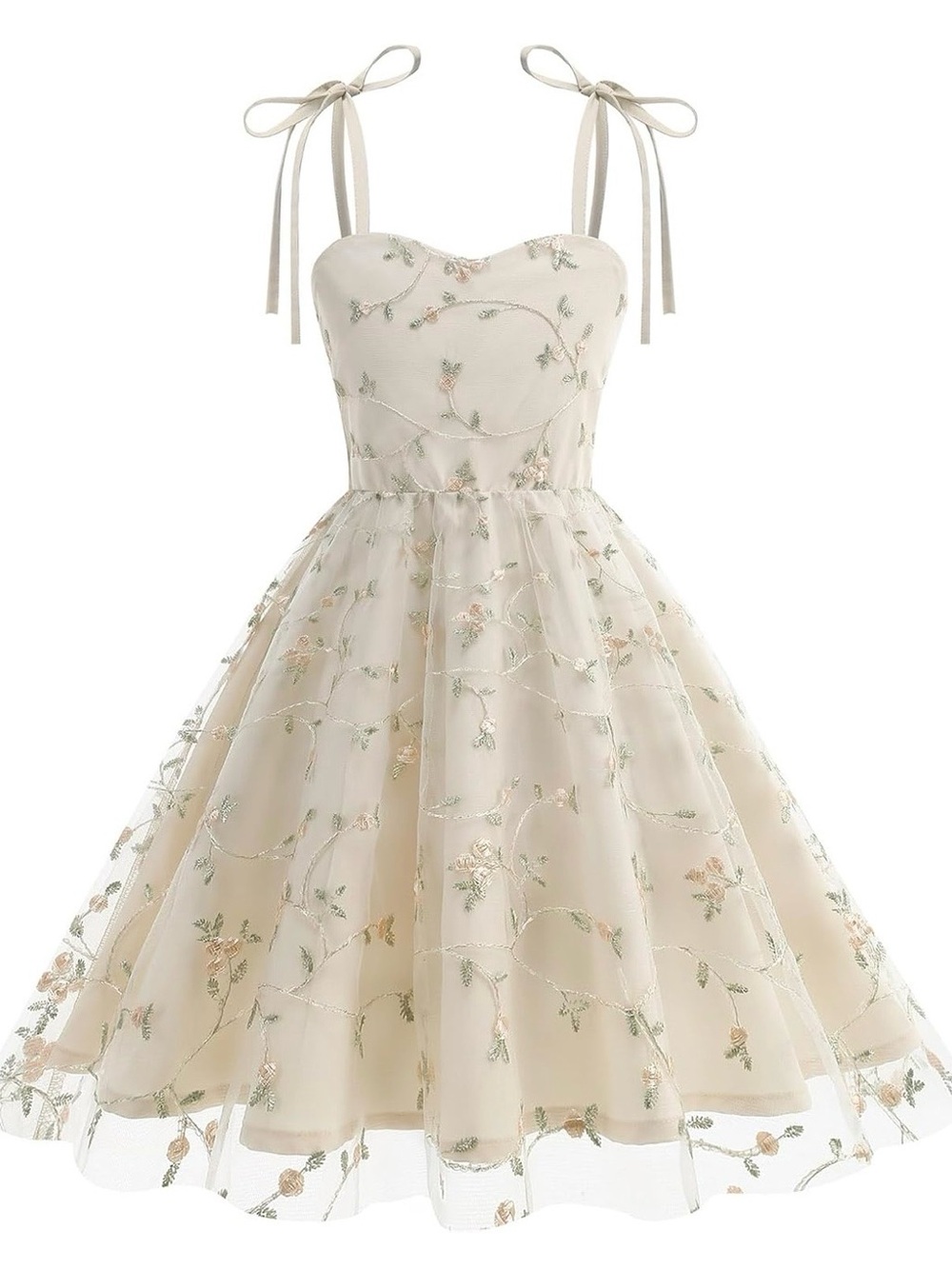 Ivory Floral Embroidered Tie-Shoulder Tea Dress
